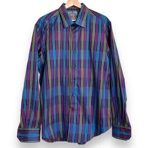 Robert Graham Purple and Teal Button Down With Embroidered Cuffs Men's Size XL